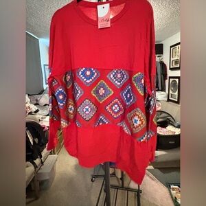 NWT Italy Made Red Sweater with Colorful Pattern. One Size.